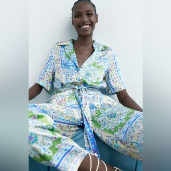 ZARA BOHO PAISLEY BELTED PRINT BLOUSE - Picture 3 of 9